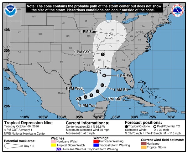 Initial Forecast Cone for Tropical Depression 9