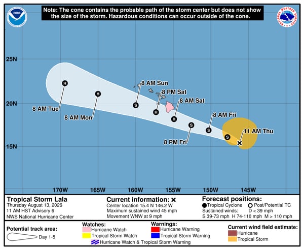Lala Forecast Cone as of 5 pm ET Thursday