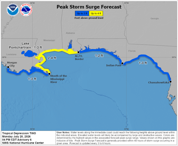 Peak Storm Surge Forecast Tropical Depression Two