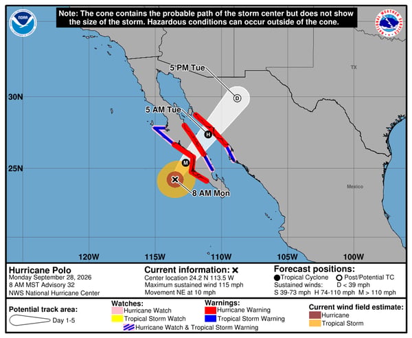 Hurricane Polo Forecast cone as of 8 AM MST Monday