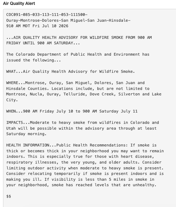 Air quality alert example issued by the NWS on July 10, 2026