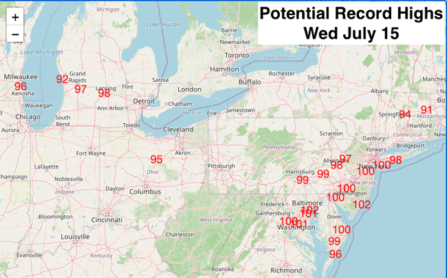 Potential Record Highs July 15
