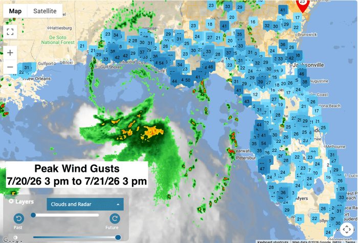 Peak Wind Gusts from Bertha July 21, 2026