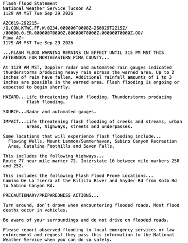 Example of a Flash Flood Warning in Tucson Sep 2026