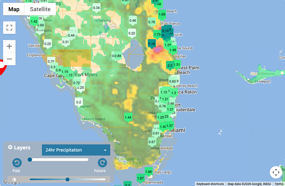 24 hour rainfall totals from the Weatherstem Dashboard