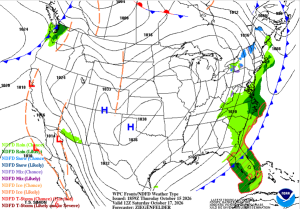 Saturday Morning October 17 Weather map Showing East Coast Cold Front