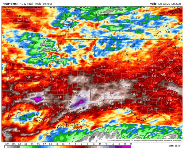 Rainfall from June 13-20, 2026 across the Deep South