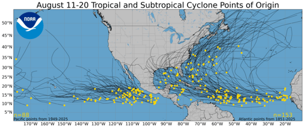 Tropical Cyclone Points of Origin Aug 11 - 20