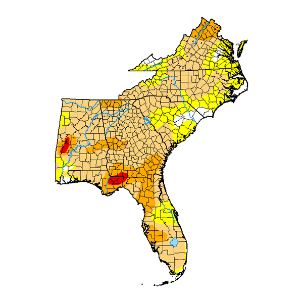 Map showing extreme and exceptional drought expanding across the Southeast from January through Late May 2026