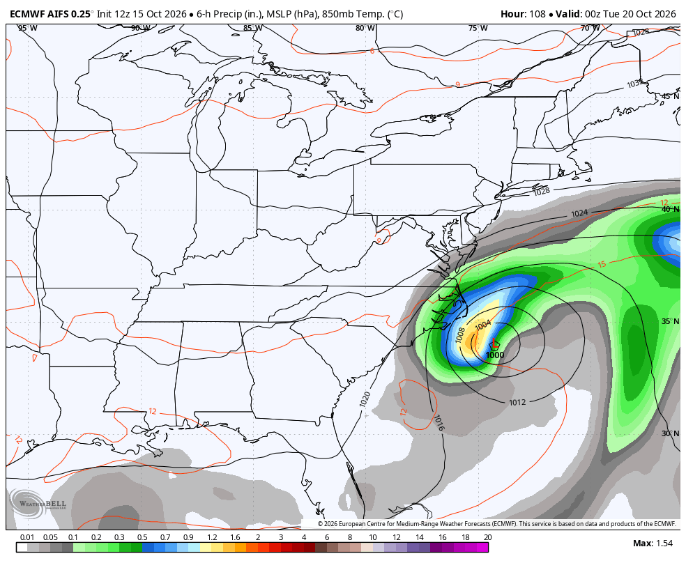 Euro AI Model showing potential coastal storm