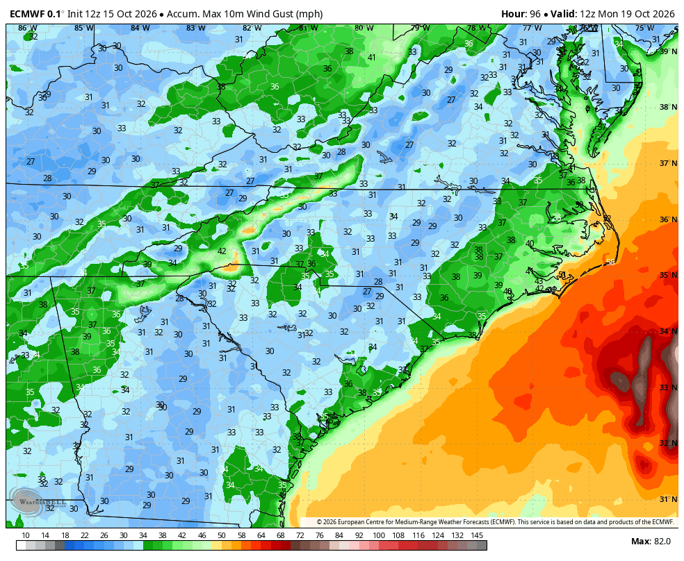 Forecast Peak Wind Gusts for the Carolinas Through Monday Morning