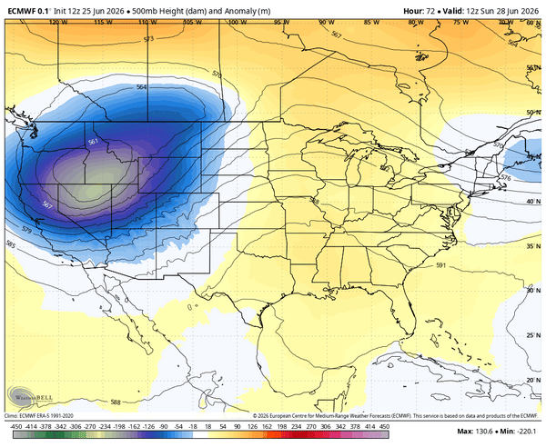 ECMWF model showing heat dome building across Eastern US