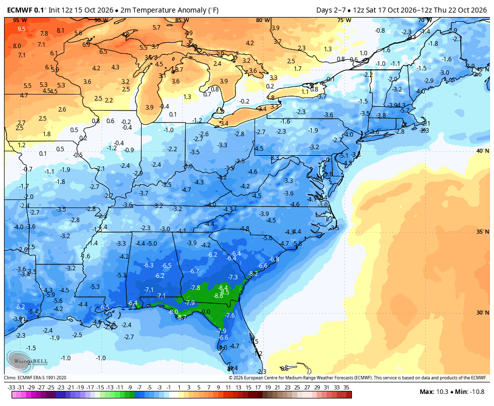 5 day temperature anomaly ending October 22