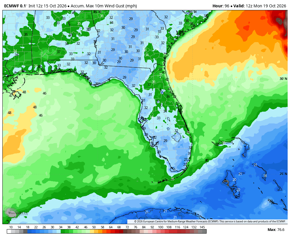Peak Wind Gusts through Monday Oct 19