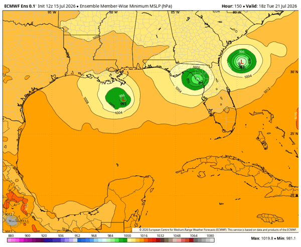 Euro ensemble potential low pressure development valid July 21