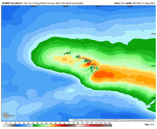 Euro Ensemble wind forecast for Hawaii showing 40 - 60 mph wind gusts