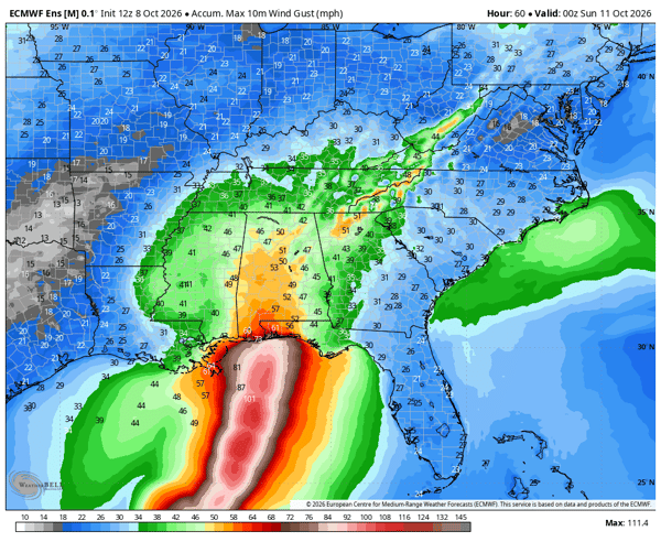 Potential Peak Wind Gusts from Isaias Across Southeast