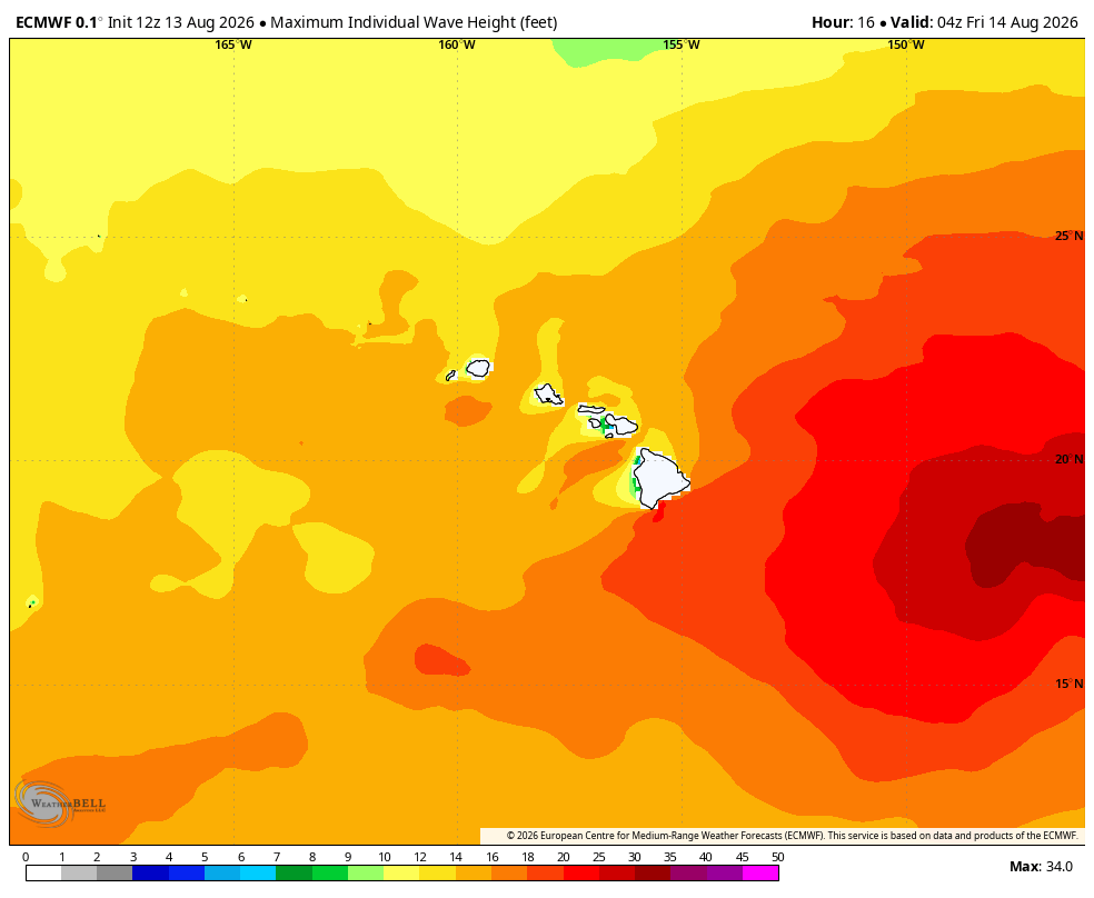 Wave forecast for  Hawai'i  showing waves over 30 feet this weekend