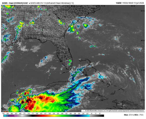 IR satellite of the Southeast Coast valid the afternoon of July 15