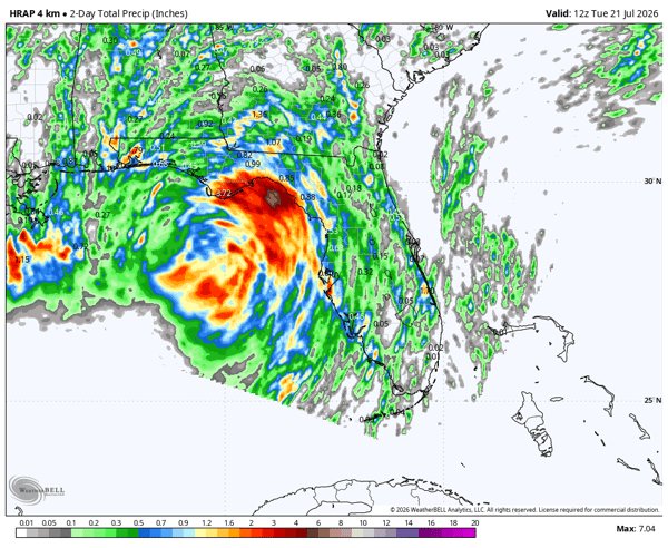 2 day rainfall ending 7 am July 21st from Bertha
