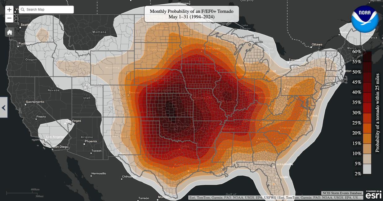 Tornado climatology map showing typical May tornado activity across the Southern Plains
