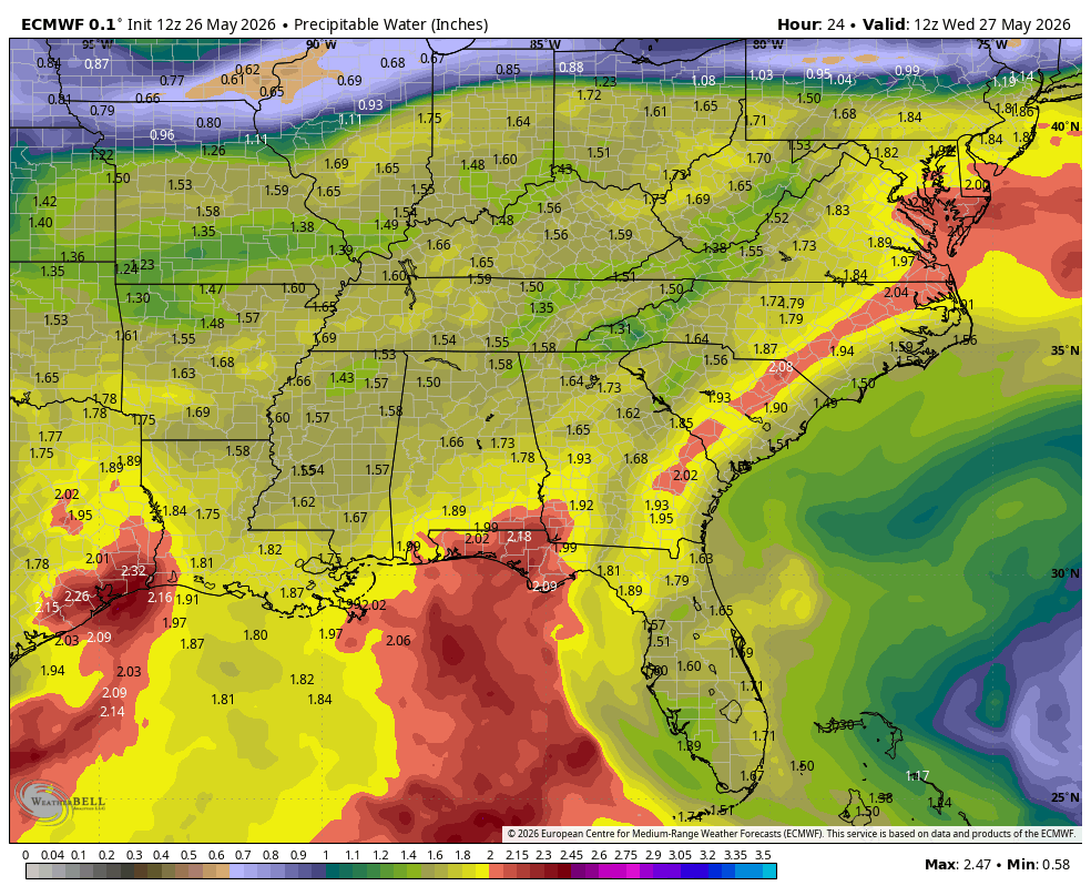 Precipitable water animation showing deep tropical moisture streaming into the Southeast through early June