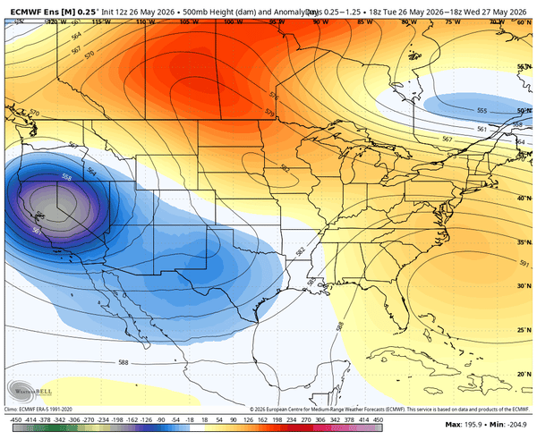 Upper-level ridge pattern suppressing severe weather chances across the Plains and central United States