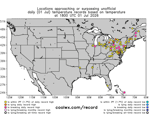 Animation of record highs and warm lows set from July 1 - July 2nd