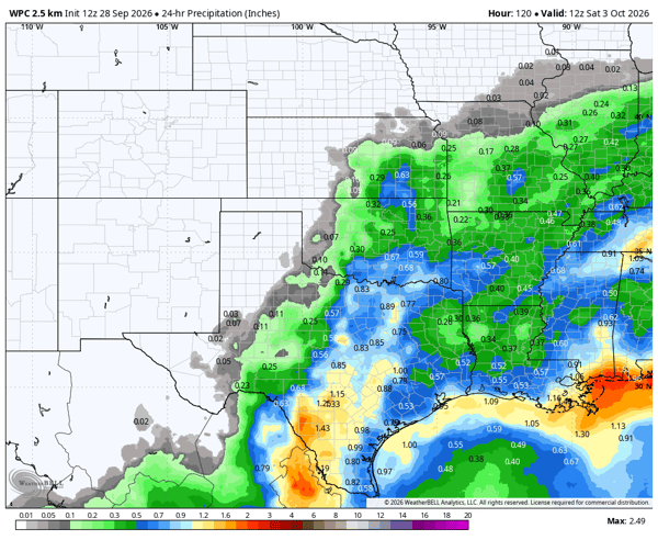 Rain Forecast from Friday am to Saturday am for Southern Plains