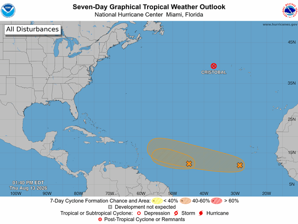 Tropical Outlook from 2 pm Thursday showing two areas in the main development region