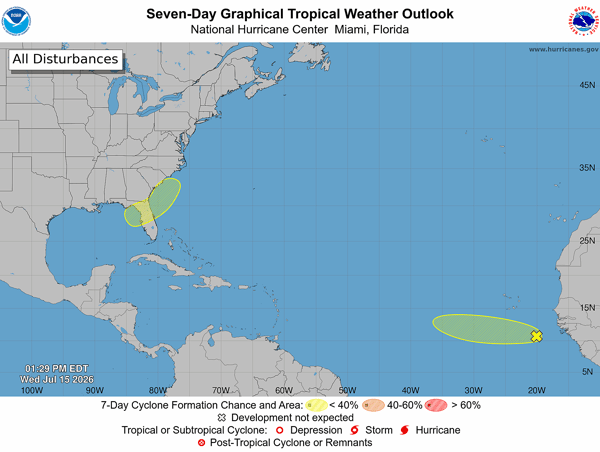 NHC Tropical Weather Outlook 2 pm July 15, 2026