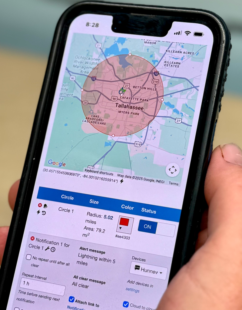 Practical Lightning Assistant setup screen showing a custom alert ring drawn around a site with a lightning alert message and an all-clear message