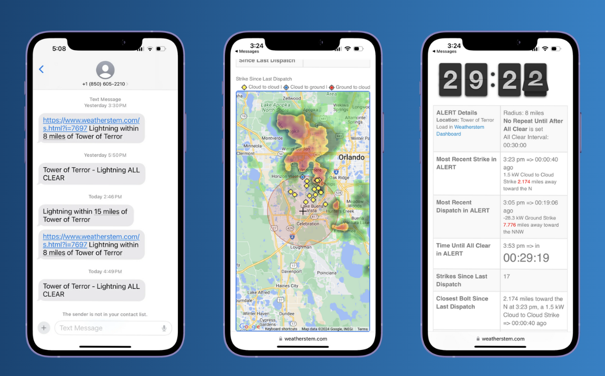 Three phones showing Weatherstem radar, an automated text alert, and a lightning countdown timer